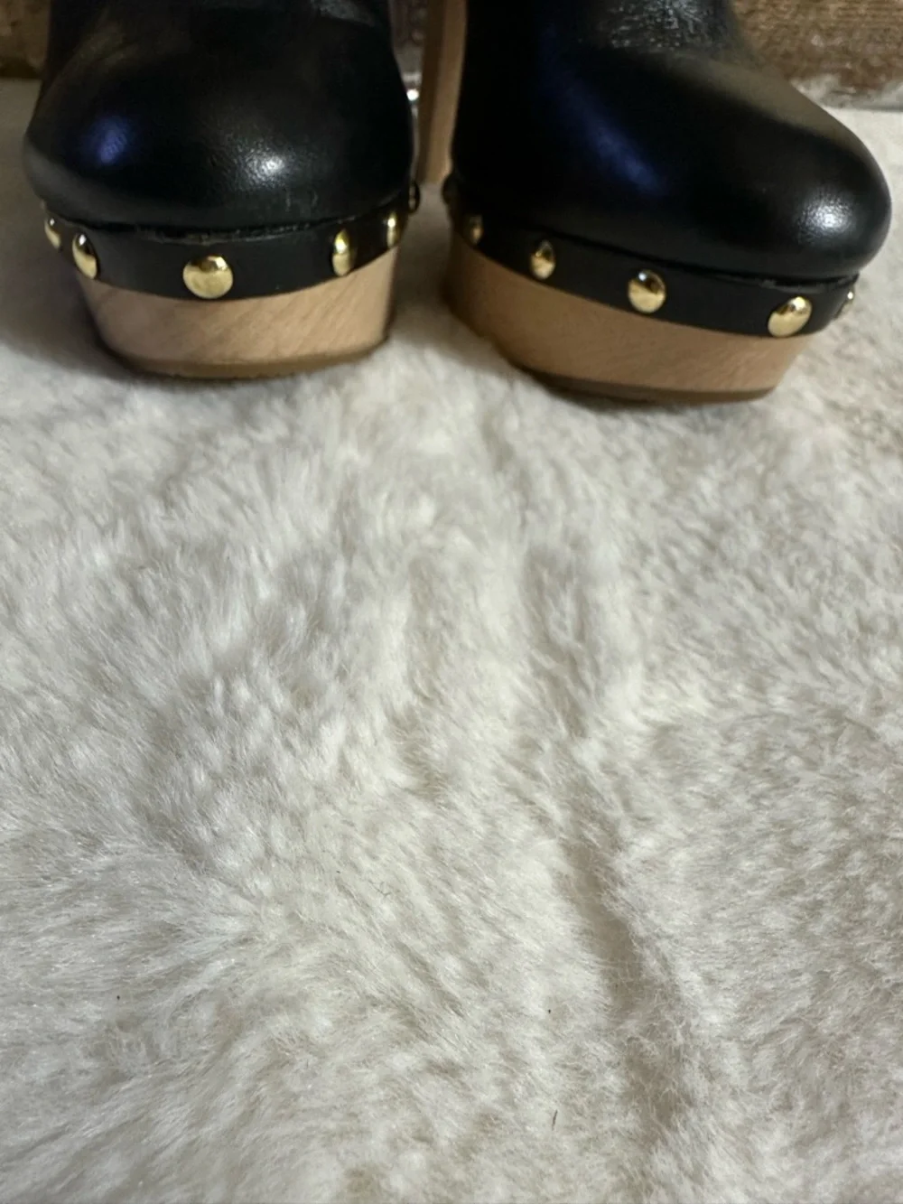 Michael Kors Black Leather Platform Clog Heels with Gold Studs - Picture 11 of 12